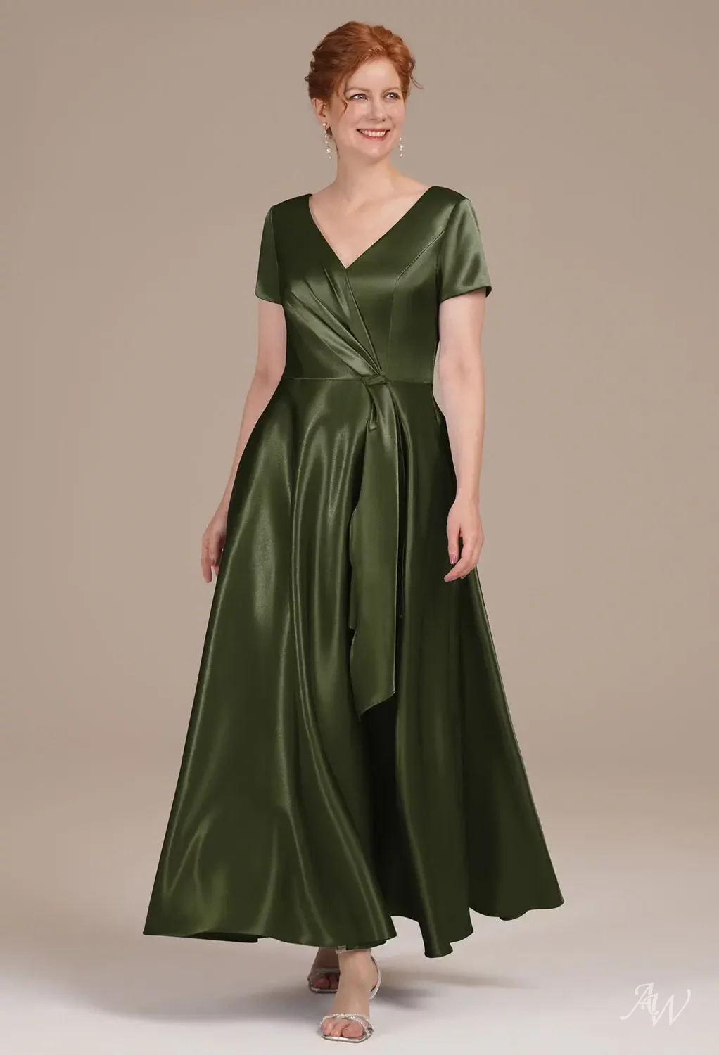 AW Omukama Dress, Dusty Blue Crystal Satin Ankle Length V-Neck